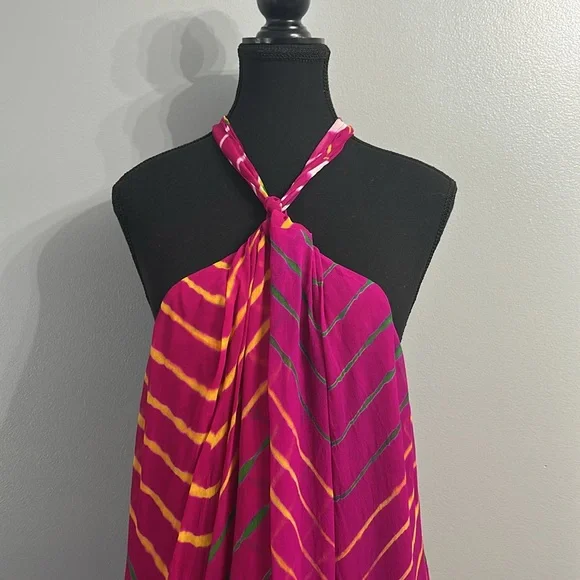 Polo Ralph Lauren Shibori Pink 100% Silk halter asymmetrical midi dress SZ 14 - Picture 4 of 12